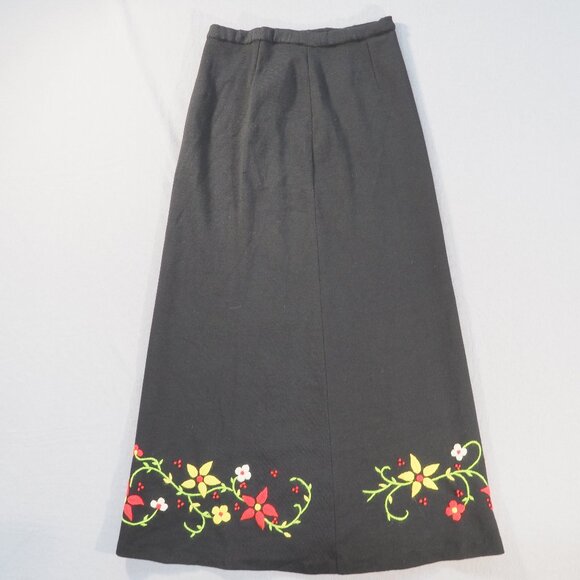 Vintage Maxi Skirt Womens 14 Black Aline Embroidered Floral Wool Hong Kong Boho